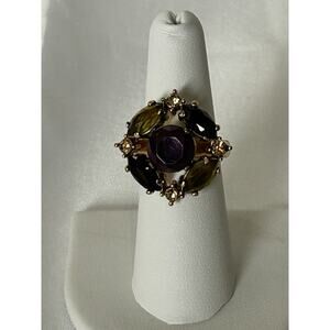 Lovely Vtg Gold Tone Multi-Gem Cocktail Ring By Monet. Size 7